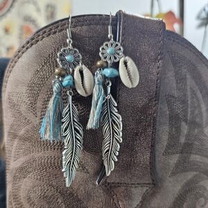 Bohemian Silver and Turquoise Feather Earrings